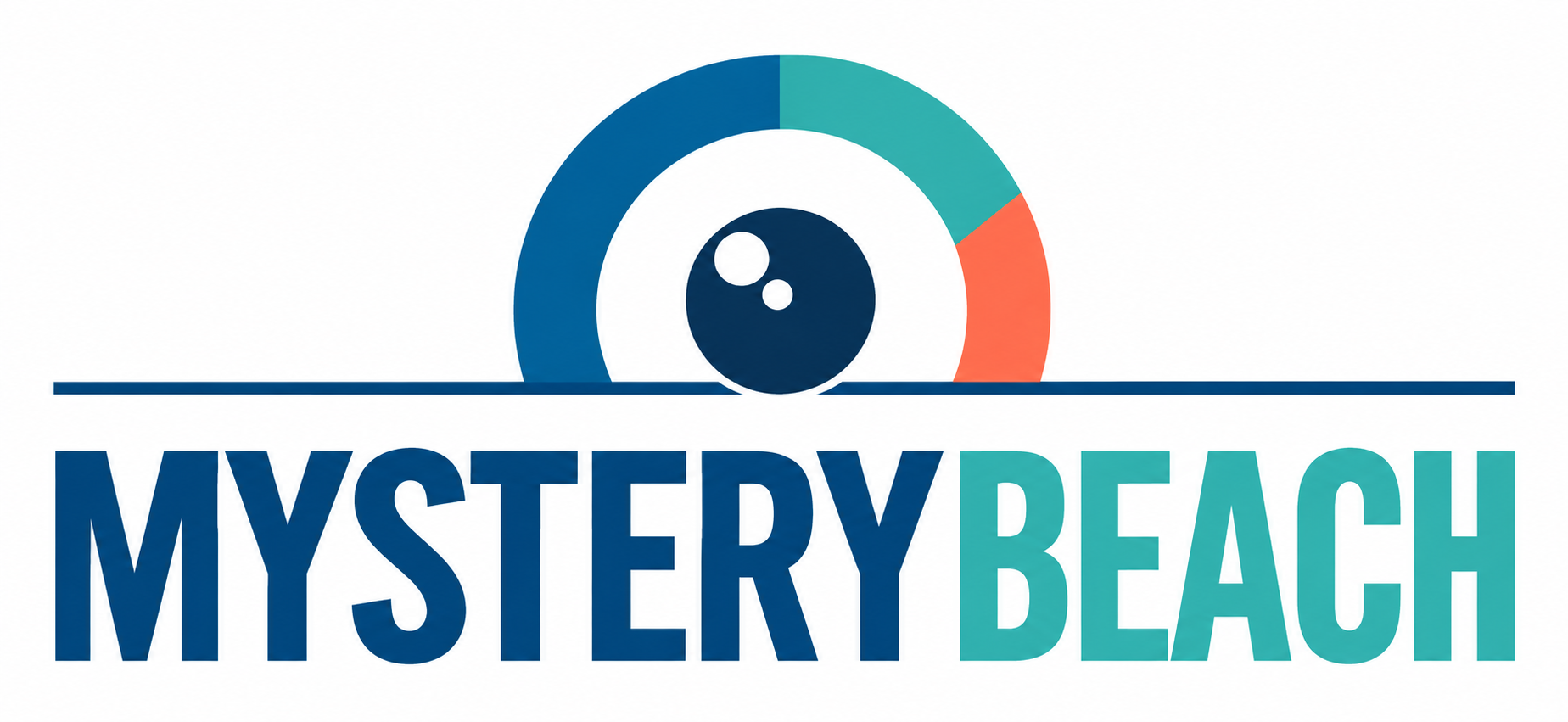 Mystery Beach: logo con occhio blu, turchese e corallo